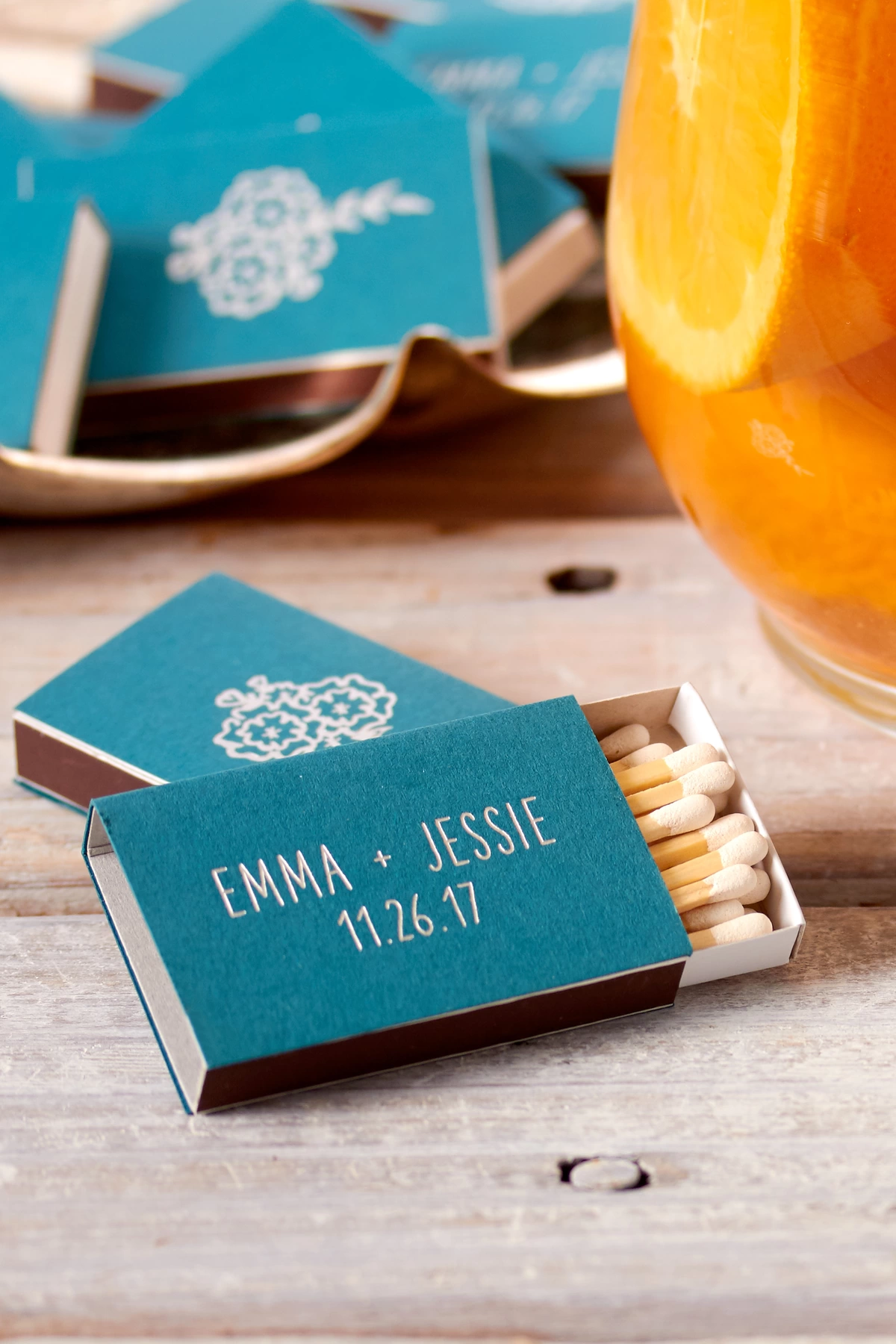 custom matches in teal for fall personalized wedding favors