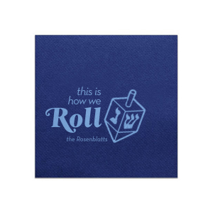 The This is How We Roll Napkin is a modern and fun custom decoration for your Hanukkah party! Personalize this dreidel adorned napkin with your family name. 