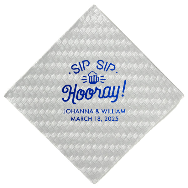 Raise the Sip Sip Hooray Napkin and let the good times pour! A jubilant mug with effervescent rays captures the celebratory cheer, perfectly paired with the couple's names and event date for a toast to remember.