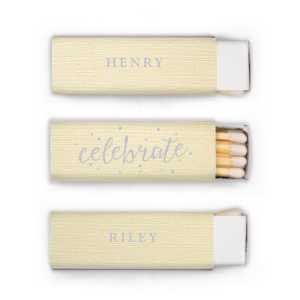 Ignite the festivities with the Celebrate Couple Matchbox, where 'celebrate' springs to life in playful script, encircled by a burst of dots. The couple's names in bold print anchor the exuberance, ready to spark joy at your jubilant event.