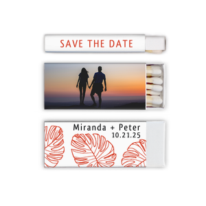 ForYourParty's personalized White Classic Custom Photo Matchbox with Matte Black Ink Digital Print Colors and Matte Poppy Ink Digital Print Colors has a Palm Pattern graphic and is good for use in Floral, Full Bleed, Organic themed parties and will add that special attention to detail that cannot be overlooked.