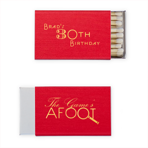 The ever-popular Linen Convertible Red Euro Matchbox with Shiny 18 Kt Gold Foil has a Magnifying Glass graphic and is good for use in Trendy, Symbols, Adventure themed parties and will impress guests like no other. Make this party unforgettable.