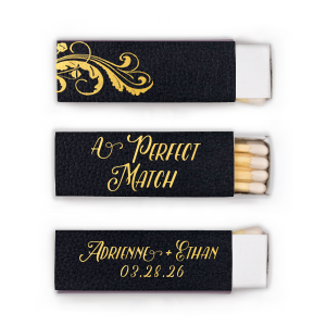 Illuminate your celebration with the Leafy Flourish Wedding Matchbox. One side showcases a sophisticated scrolling leafy design, while the other highlights the newlyweds' names and date, making it an exquisite keepsake. Perfect for adding a touch of elegance to any memorable occasion.