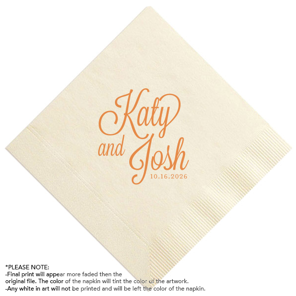 Our custom White Quick Ink Printed Cocktail Napkin with Matte Tangerine Ink  can be personalized to match your party's exact theme and tempo.