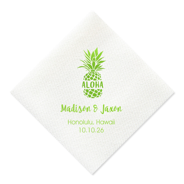 Savor the essence of island life with the Aloha Pineapple Napkin. A cheerful pineapple stamped with 'Aloha' sets a laid-back, tropical scene, while the couple's names and date below promise a future as bright as Hawaiian sunshine
