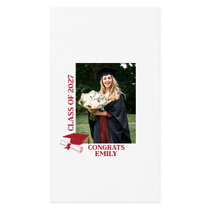 Celebrate your grad's achievement with the Grad Cap & Diploma Custom Photo Napkin, showcasing a cherished photo of the graduate, their name, and graduation year. This custom photo napkin, adorned with a cap and diploma graphic, is a keepsake that will be treasured for years.