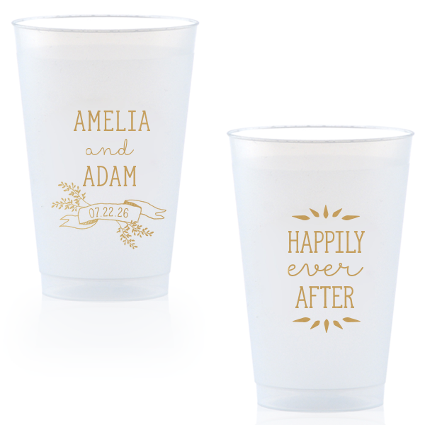 Our beautiful custom Gold Ink 14 oz Frost Flex Cup with Gold Ink Cup Ink Colors has a Twig Banner graphic and is good for use in Wedding, Floral themed parties and will add that special attention to detail that cannot be overlooked.