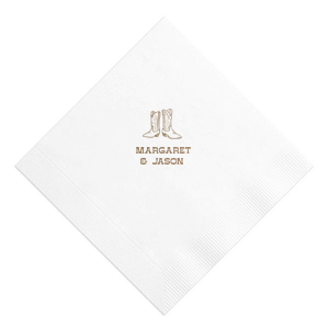 Step into matrimonial bliss with the Cowboy Boots Union Napkin, personalized with the couple's names beneath a charming graphic of a pair of cowboy boots. A perfect touch for a wedding with rustic charm or country flair.
