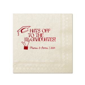 Applaud the new graduate with the Hats Off Graduation Cheer Napkin, emblazoned with a celebratory hand tossing a graduation cap and the phrase "Hats off to the graduate," personalized with the graduate's name and year. A perfect addition to any graduation festivity.