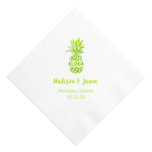 Savor the essence of island life with the Aloha Pineapple Napkin. A cheerful pineapple stamped with 'Aloha' sets a laid-back, tropical scene, while the couple's names and date below promise a future as bright as Hawaiian sunshine
