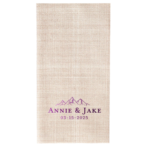 The Mountain Range Date Napkin brings nature's majesty to your event. Featuring a subtle background of three mountain peaks, it signifies the couple's affinity for mountains or celebrates a mountainous event locale. Below, the couple's names and event date, convey a sense of groundedness, perfectly blending the grandeur of nature with the simplicity of love.