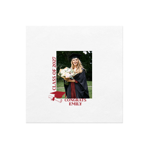 Celebrate your grad's achievement with the Grad Cap & Diploma Custom Photo Napkin, showcasing a cherished photo of the graduate, their name, and graduation year. This custom photo napkin, adorned with a cap and diploma graphic, is a keepsake that will be treasured for years.