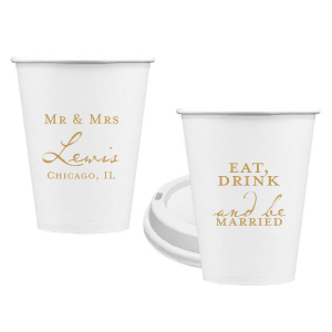 Our personalized Gold Ink 12 oz Paper Coffee Cups with Lid with Gold Ink Cup Ink Colors will impress guests like no other. Make this party unforgettable.