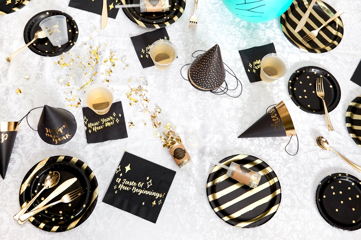 new years party in a box with new years party supplies and decorations