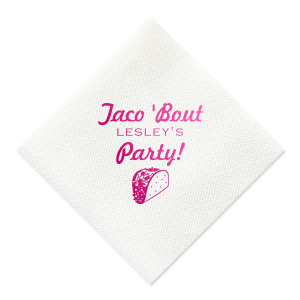 ForYourParty's elegant Watercolor Sunrise Cocktail Napkin with Shiny Fuchsia Foil has a Taco graphic and is good for use in Food themed parties and will make your guests swoon. Personalize your party's theme today.