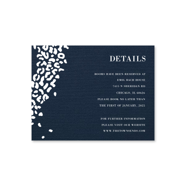 The ever-popular Linen Denim Foil Stamped Details Card with Shiny Sterling Silver Foil can be personalized to match your party's exact theme and tempo.