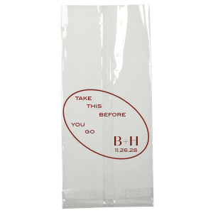 Send home memories with the Ringed Couple Initials Bag. The elegant design is perfect for sending treats and mementos home with honored guests. Featured in our Burgundy Wedding theme, match your special occasion with any number of stylish products to create a cohesive vision. 