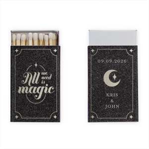 Our custom Glitter NEW Black Classic Matchbox with Shiny Sterling Silver Foil has a Magic Match Front graphic and a Magic Match Back graphic and is good for use in Wedding themed parties and can be personalized to match your party's exact theme and tempo.
