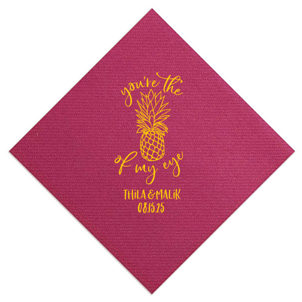 Custom Fuchsia Cocktail Napkin with Matte Sunflower Foil has a Pineapple Tiki graphic and is good for use in Food, Beach/Nautical themed parties and will add that special attention to detail that cannot be overlooked.