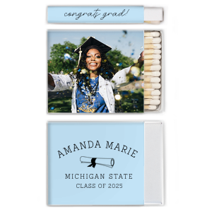 ForYourParty's chic White Classic Custom Photo Matchbox with Matte Sky Blue Ink Digital Print Colors and Matte Black Ink Digital Print Colors has a Graduation Scroll graphic and is good for use in Graduation themed parties and will make your guests swoon. Personalize your party's theme today.