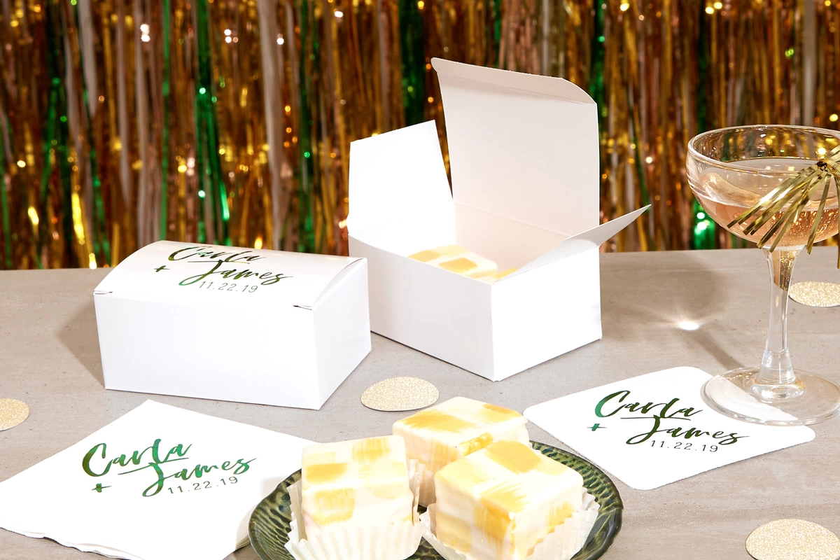 personalized cake boxes are perfect for sending your guests home with to-go wedding favor treats