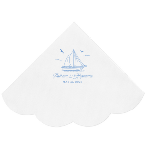 Your next party event will be smooth sailing with the Sailboat Nautical Nuptial Napkin. The hand-drawn design features a scenic coastal view of a sailboat above customizable text. Our customizer makes it easy to personalize the design to best match your unique sense of style.