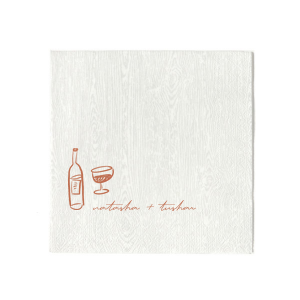 Complement the rich hues of your autumn celebration with the Boho Terracotta Line Art Wedding Napkin. This design showcases contemporary line drawings of a wine bottle and glass, perfect for a toast to the couple. Personalize with the bride and groom's names elegantly scripted below, adding a touch of modern sophistication to your moody fall wedding theme.