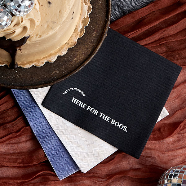 black napkin with the text "here for the boos"