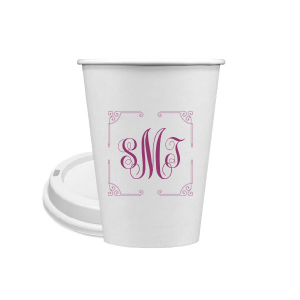 Our personalized 8 oz Paper Coffee Cup with Lid with Matte Dark Magenta Ink  has a Rococo Frame graphic and is good for use in Anniversary, Wedding, and Birthday themed parties and will add that special attention to detail that cannot be overlooked.