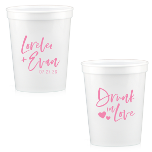 Our custom White 16 oz Stadium Cup with Matte Light Coral Ink has a Hearts 2 graphic and is good for use in Wedding, Hearts themed parties and can be personalized to match your party's exact theme and tempo.