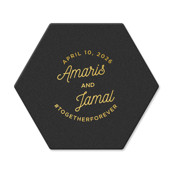 Toast to elegance with the Elegant Modern Script Name & Hashtag Coaster, where love circles timelessly. The couple's names dance in a chic script, crowned by the celebration date and grounded with a bespoke hashtag, inviting guests to share the joy. It's a classy touch to any refined celebration. 