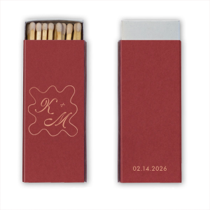 Go with elegance with the Chic Initials Matchbox. The simple and sleek design features customizable text within a bespoke curvy border with dates on the backside. Personalize the matchbox with your choice of box color and foil stamp to create a design that's as stylish as you are.