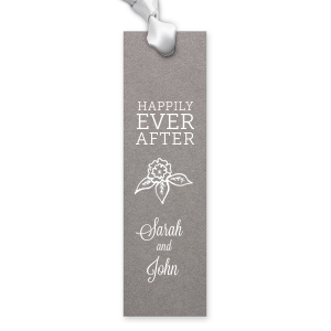 Commemorate your nuptials with the Happily Ever After Wedding Bookmark, where timeless block text meets a delicate floral sketch. Swirled script signatures below weave a tale of romance, offering guests a literary keepsake of your union.