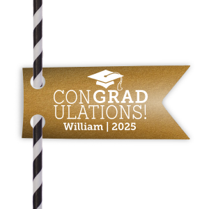 ForYourParty's personalized Metallic Sterling Silver Gloss Double Point Straw Tag with Matte White Foil has a Cap graphic and is good for use in Graduation themed parties and can't be beat. Showcase your style in every detail of your party's theme!
