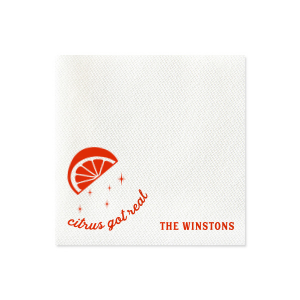 ForYourParty's elegant White Borderless Statement Cocktail Napkin with Shiny Poppy Foil has a Lemon Wedge graphic and is good for use in Food, Drinks themed parties and can be customized to complement every last detail of your party.