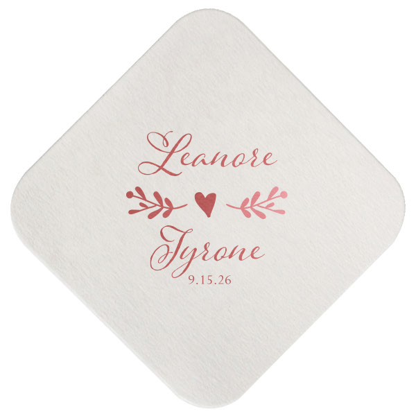 ForYourParty's personalized Eggshell Scallop Coaster with Shiny Rose Quartz Foil has a Twig Flourish graphic and is good for use in Floral and Wedding themed parties and will make your guests swoon. Personalize your party's theme today.