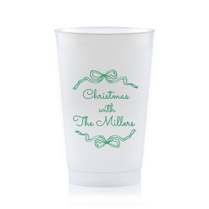 Let seasonal spirits overflow this year with the Holiday Bow Ribbon Cup. The festive design is paired with custom text, perfect for family holiday parties or nearly other festive function. 