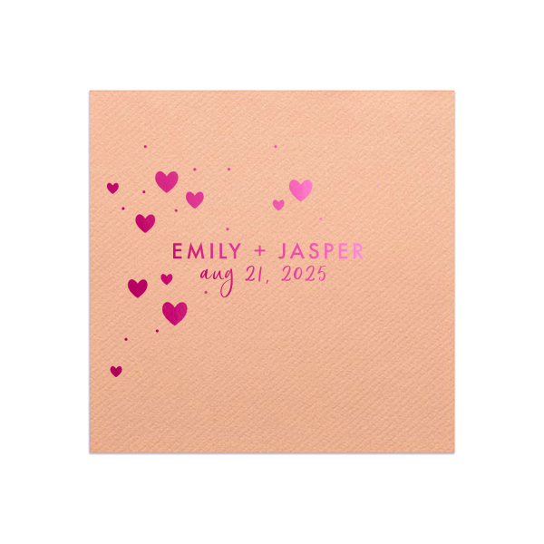 ForYourParty's elegant Peach Cocktail Napkin with Shiny Fuchsia Foil has a Hearts in Sky graphic and is good for use in Full Bleed, Hearts themed parties and couldn't be more perfect. It's time to show off your impeccable taste.