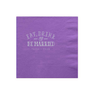 ForYourParty's chic Amethyst Shimmer Cocktail Napkin with Satin Sterling Silver Imprint Foil Color has an Eat Drink & Be Married 3 graphic and is good for use in Wedding themed parties and can't be beat. Showcase your style in every detail of your party's theme!