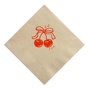 Pair your next special occasion with the Cherry Bow Initials Napkin! The two cherries are tied together by a bow, reflecting the partnership of you and your sweetheart. Customize the text to make it extra special at your next momentous occasion, be it an engagement, wedding, anniversary or any other celebration of love.