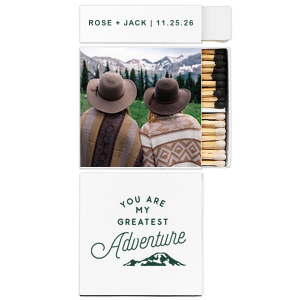 ForYourParty's chic White Classic Custom Photo Matchbox with Matte Spruce Ink Digital Print Colors and Matte Navy Ink Digital Print Colors has a Greatest Adventure graphic and is good for use in Wedding, Travel, Words themed parties and will look fabulous with your unique touch. Your guests will agree!