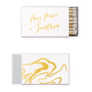 The ever-popular Natural Frost White Classic Matchbox with Shiny 18 Kt Gold Foil has a Marble graphic and is good for use in Full Bleed, Trendy, Organic themed parties and can be personalized to match your party's exact theme and tempo.