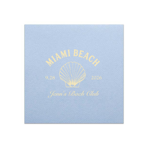 Dive into the festivities with the Bachelorette Beach Party Seashell Soiree Napkin, featuring the bachelorette's name in a timeless script, her party's coastal location, and date, elegantly accented with a chic sea shell graphic. The perfect accompaniment to "The Last Splash" celebration by the shore.