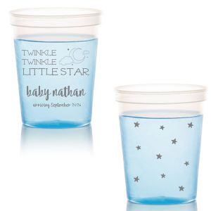 Customize this clear plastic cup for an adorable drink accessory to your star and moon, lullaby, or nursery rhyme themed baby shower! Add the baby's name and expected arrival for a unique touch the mother will love and guests can take home as personalized party favors. 