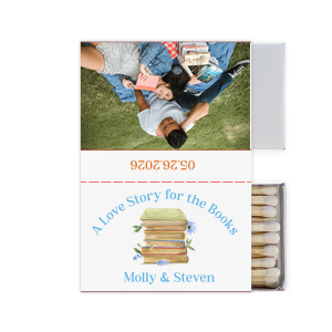 Ignite the magic of your love narrative with the Love Story Book Stack Matches, adorned with "A Love Story for the Books" above an illustrative stack of books blooming with flowers. Personalize with the couple's names beneath the image, and choose a special photo for the reverse side. The spine of the matchbook elegantly presents the date, creating a memorable token of your special day.