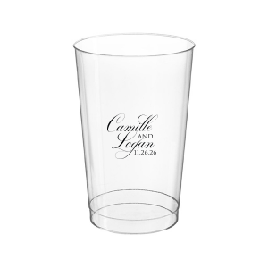 The Elegant Swirl Script Names Cup showcases the couple’s names in a fancy, swirling script, elegantly intertwined for a sophisticated touch. Stacked artistically, this design radiates elegance, adding a uniquely graceful accent to any celebration.