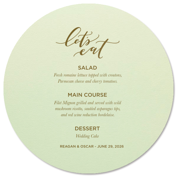 Dine in delight with the Let's Eat Menu, playfully scripted to entice your guests. Detail your feast across ten customizable lines, culminating in the couple's names and date, for a tasteful prelude to culinary celebration.