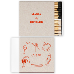 The Pasta Party Hand Drawn Matchbox is a trendy party accessory that will be a hit at your next event. Featuring a beautiful hand drawn design of eclectic images, you can personalize this matchbox with your names, the date, and location of your event. If you are having a pasta party rehearsal dinner, this is the matchbox for you.