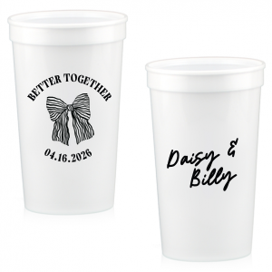 Celebrate the perfect pairing with the Better Together Bow Wedding Cup, featuring the couple's names in a romantic script and the wedding date, complemented by "Better Together" alongside a charming bow illustration. A sweet toast to unity and love on your big day.
