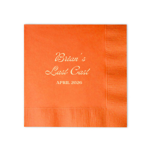 Celebrate the bachelor's final foray into singlehood with the Last Cast Bachelor Party Napkin, featuring the guest of honor's name in a vintage inspired script, the emblematic "Last Cast" phrase, and the event date in a straightforward serif font. A classic touch for a fishing retreat-themed bachelor bash.